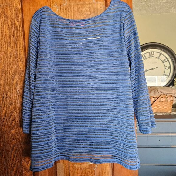 Peck & Peck Medium Blue Sheer Stripe Knit Tunic Top Lightweight 3/4 Sleeve - Picture 2 of 5